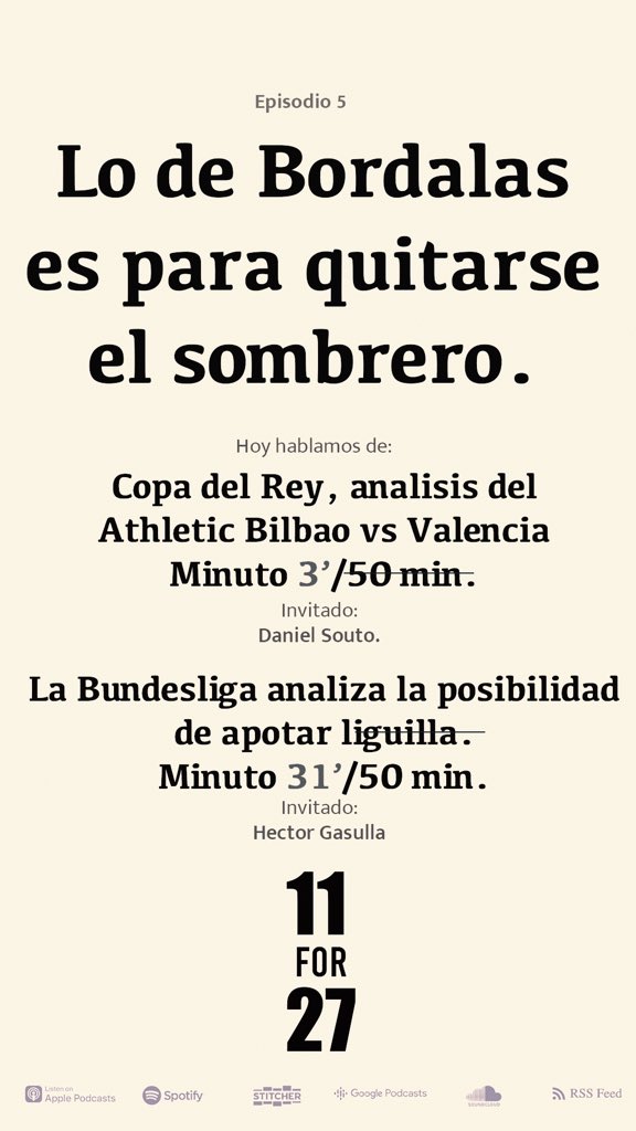11for27's tweet photo. Que bien la hemos pasado hoy en 11 For 27. En nuestro episodio 5 💬:

⚽️ Analizamos las semis de la Copa del Rey y previa de la jornada de la Liga. Con @DaniiSouto 

‼️ La Bundesliga analiza la posibilidad de adoptar liguilla. Con @hectorgasulla8 

📻 https://t.co/Qvtve1fAxQ https://t.co/6o0Gg7rYV3