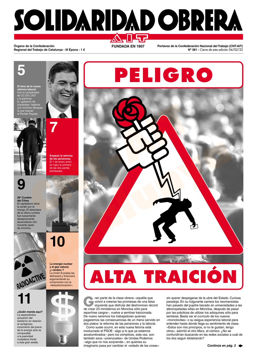 Ya está en la calle el nuevo número del periódico Solidaridad Obrera, órgano de la Confederación Regional de Catalunya - CNT AIT.

🔴 III Época - Nº381 - Febrero 2022.

⚫️ Suscríbete al Soli. Descarga gratuitamente y difunde la prensa obrera. 👉 bit.ly/34VNZHe 📌
