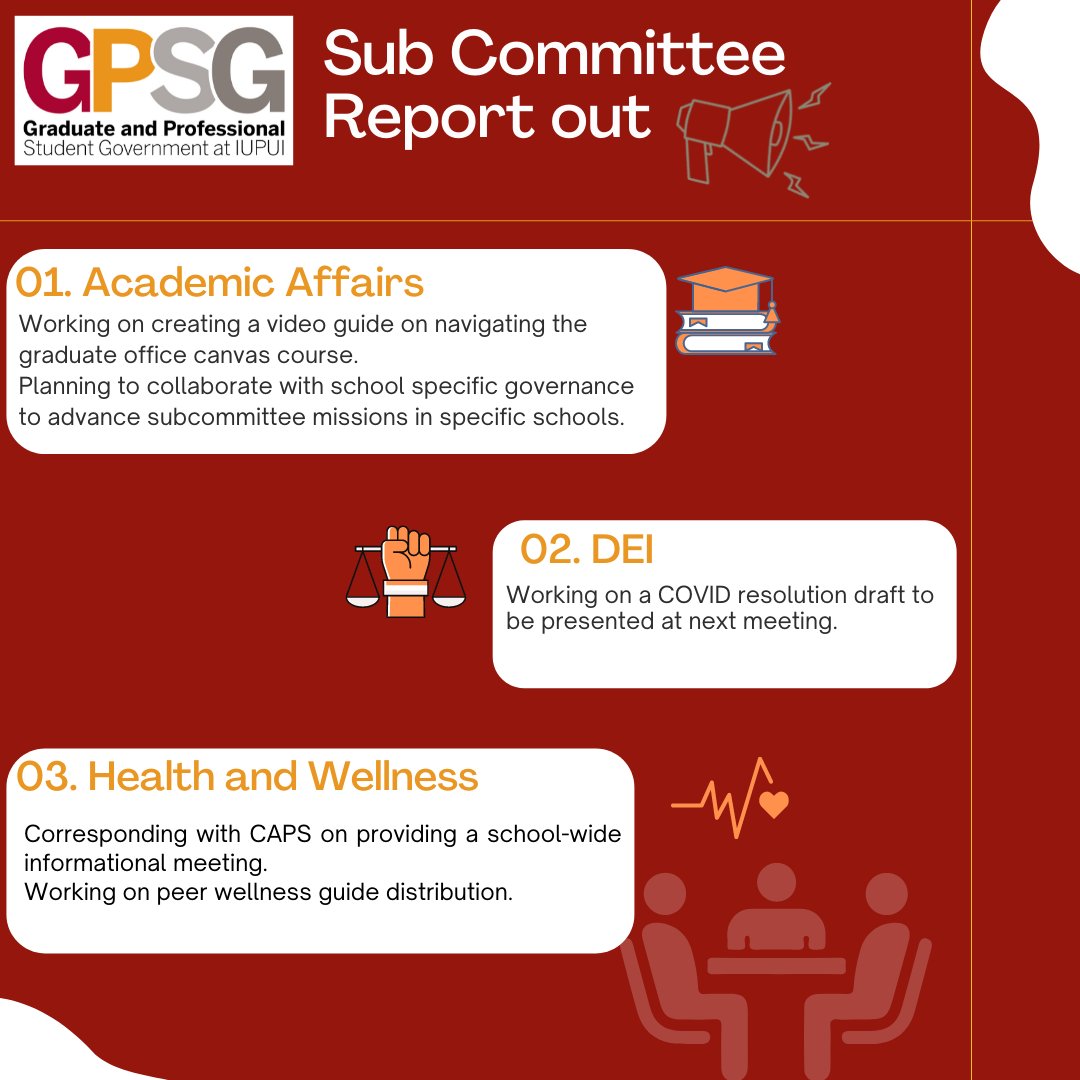 GPSG_IUPUI's tweet photo. 02.10.2022 GA meeting| Get the scoop on current discussions within the subcommittees, announcements from the executive team, and issues raised by school representatives.
.
#gradjag #iupui #studentgovernment #spring2022 https://t.co/at0Dz1WfOz
