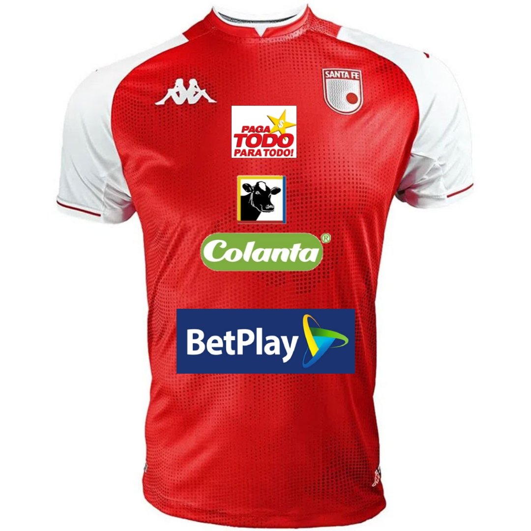 Humor_rojiblanc's tweet photo. La camisa de santa fe si los logos los colocaran acá en Barranquilla. https://t.co/lFTYCkpI7m