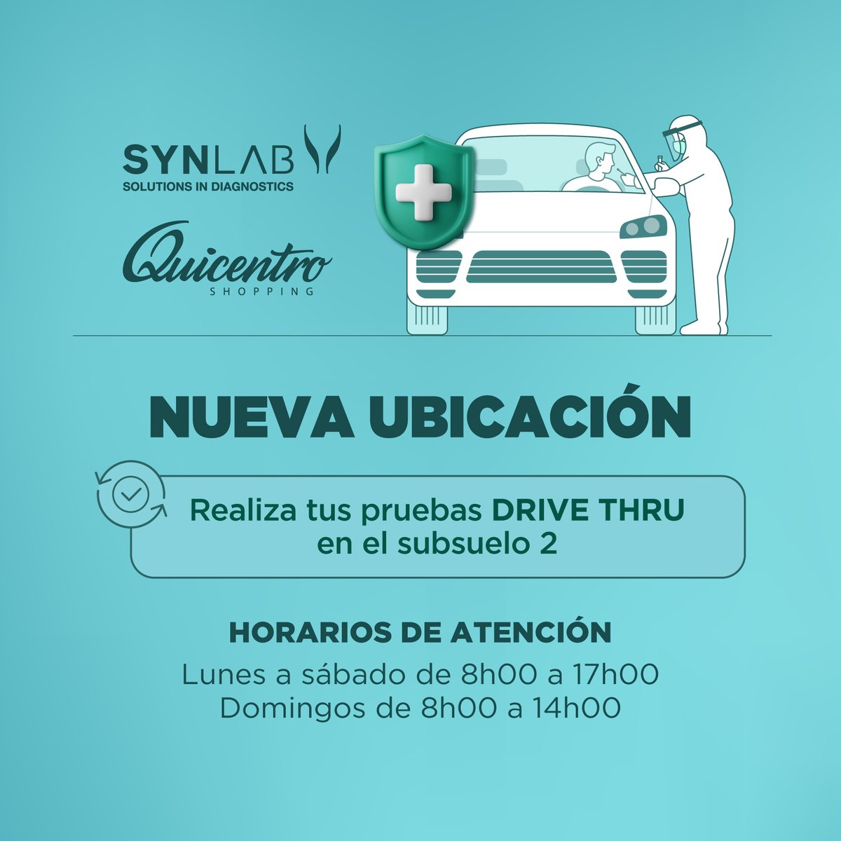 📍🚙 Nueva ubicación <a href="/SynlabEcuador/">Synlab Ecuador</a>  
Ingresa a nuestro subsuelo 2, sigue la señalética y encontrarás la estación de toma de pruebas. #QuicentroShopping #PruebasCovid #Quito