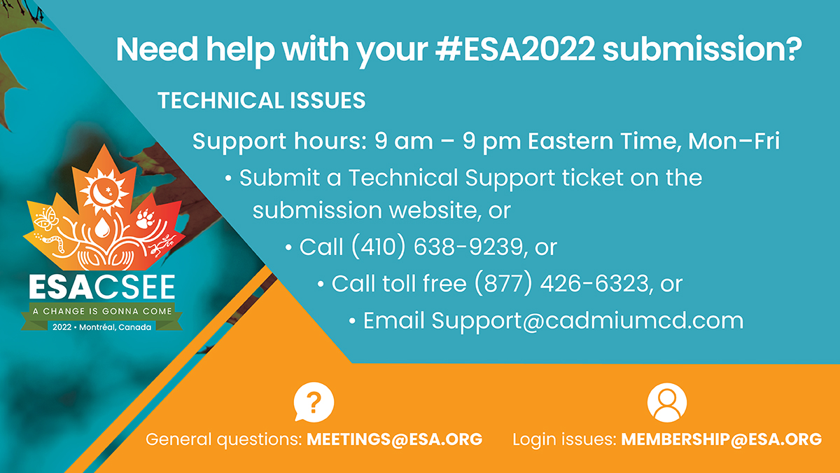 ESA_org's tweet photo. Planning to present at #ESA2022? Abstracts for contributed posters and talks are due Thursday, March 3, at 5PM EST (2PM Pacific). We hope you will join us this year! 
For more info, including submission guidelines: https://t.co/oCznvWib2R 
Submission form: https://t.co/oe04XX3BrG https://t.co/aWkVlJ7O7Z
