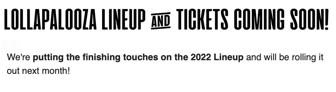 rLollapalooza's tweet photo. We figured but have now received confirmation that the Lollapalooza tickets and lineup are coming NEXT MONTH!! https://t.co/DjWEivZZfv