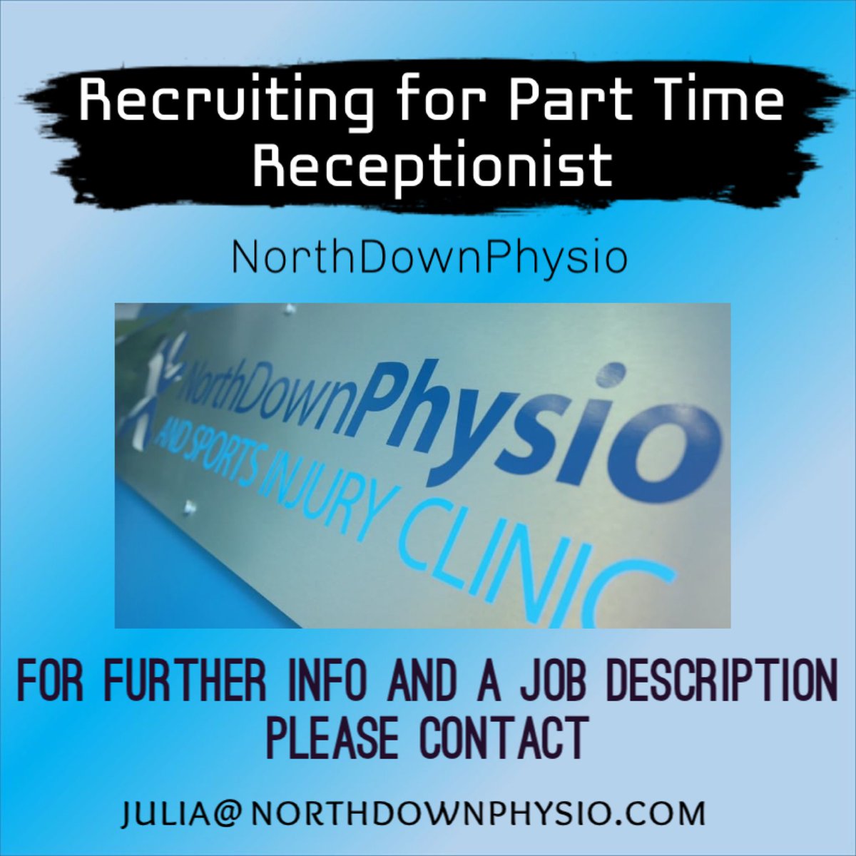 NorthDownPhysio's tweet photo. We are recruiting for a part-time receptionist to cover our busy reception on Tuesday's (2-8pm) and Thursday's (3-8pm).
If you are interested, please contact julia@northdownphysio.com and we will forward a job description. 
Closing date Friday 25th February 2022 https://t.co/2M3yfMKmgF