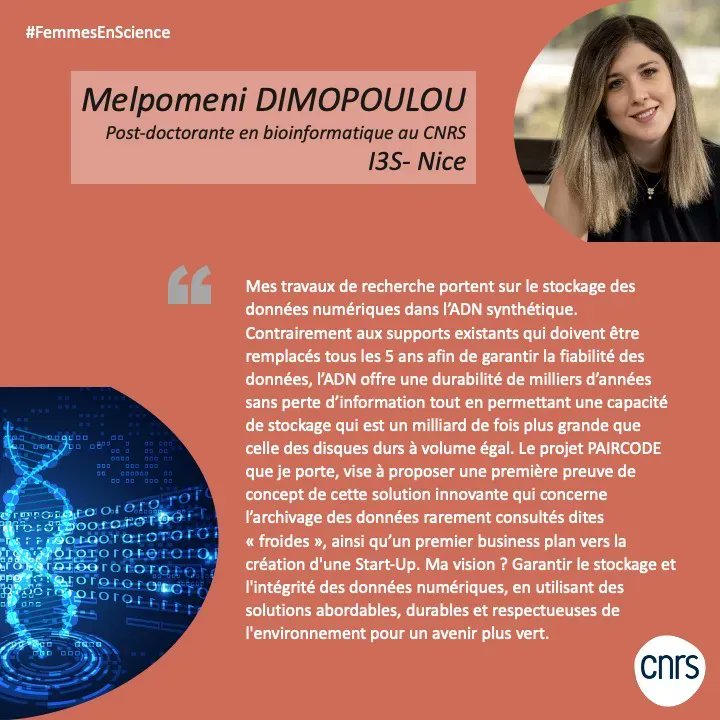 #FemmesEnScience | « L’#ADN synthétique permet de stocker, à volume égal, un milliard de fois plus d’informations qu’un #disquedur » explique Melpomeni Dimopoulou <a href="/Laboratoire_I3S/">Laboratoire i3S</a> et prix L'Oréal-UNESCO #FWIS #bioinfo
➡️ins2i.cnrs.fr/fr/cnrsinfo/me…
🤝 <a href="/CNRS_DR20/">CNRS Côte d’Azur</a> <a href="/Univ_CotedAzur/">Université Côte d'Azur</a>