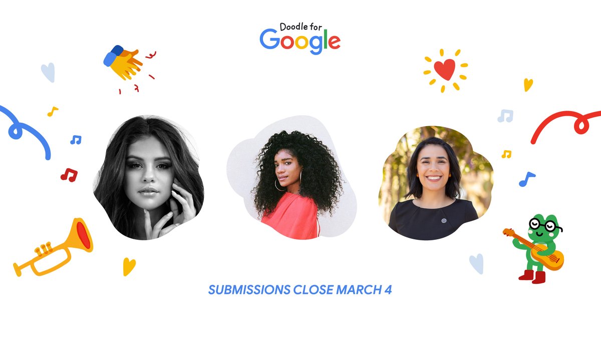 Google's tweet photo. Calling all U.S.-based K-12 artists: our #DoodleForGoogle judges Selena Gomez, Elyse Fox and Juliana Urtubey can't wait to see your entries! 🎨   Don’t forget to submit your Doodle by March 4th. Learn more about this year's theme and prizes  → https://t.co/O8HZ2Q77A8 https://t.co/3RgEg6ZTZt