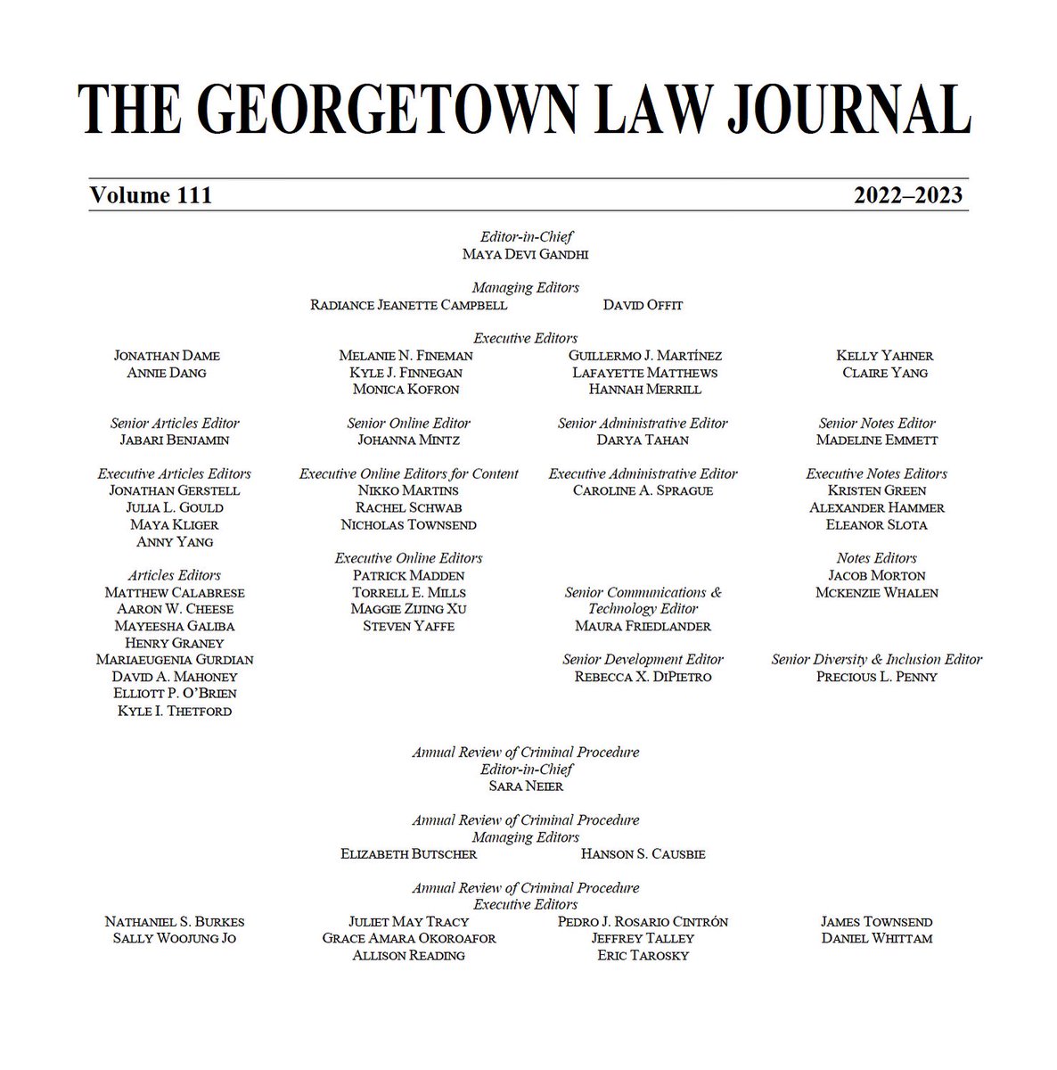GeorgetownLJ's tweet photo. Presenting the editors of The Georgetown Law Journal Volume 111 https://t.co/ng0OIV4CFu