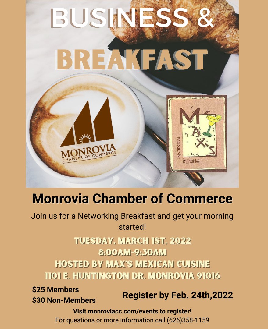 Join Us Tuesday, March 1st at 8:00AM for our first Networking Breakfast of the year!  Register at Monroviacc.com/events