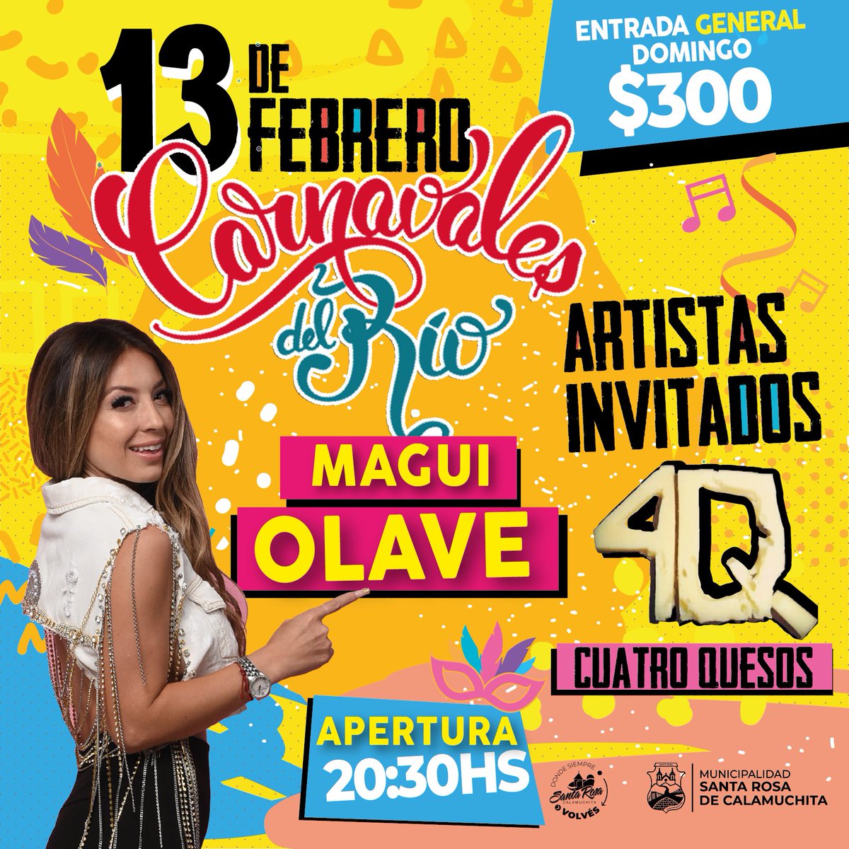 TurismoStaRosa's tweet photo. 🤩👉🏽 La fecha reprogramada de los Carnavales del Río se realizará el día Domingo 13 de Febrero con la actuación de @MaguiOlaveOK y #4Quesos !! https://t.co/ApKQuiFEYy