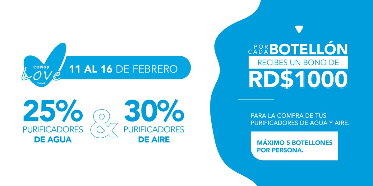 cdn37's tweet photo. Cambia el plástico por amor.
Damos inicio al Coway Love Week, actividad llena de sorpresas, rifas y ofertas que no te podrás perder.

Ven a nuestra tu botellón de agua y recibirás 1 bono de RD$1,000 pesos para usarlo en compras de purificadores de agua.

#CowayDO #CowayLoveweek https://t.co/spbRclIMEE