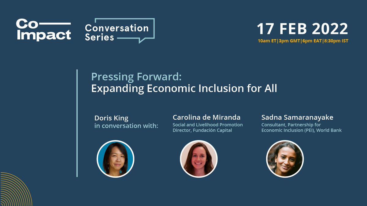 Co-Impact (@coimpactcollab) on Twitter photo Reminder that NEXT WEEK - Feb 17, 3pm GMT/ 6pm EAT/ 8:30pm IST - we will launch our #ConversationSeries!
Join Carolina de Miranda, <a href="/FundaCapital/">Fundación Capital</a> & Sadna Samaranayake @peiglobal_org to discuss systemic barriers to #economicinclusion.
Don't miss it > bit.ly/34Hey2A Reminder that NEXT WEEK - Feb 17, 3pm GMT/ 6pm EAT/ 8:30pm IST - we will launch our #ConversationSeries!
Join Carolina de Miranda, <a href="/FundaCapital/">Fundación Capital</a> & Sadna Samaranayake @peiglobal_org to discuss systemic barriers to #economicinclusion.
Don't miss it > bit.ly/34Hey2A