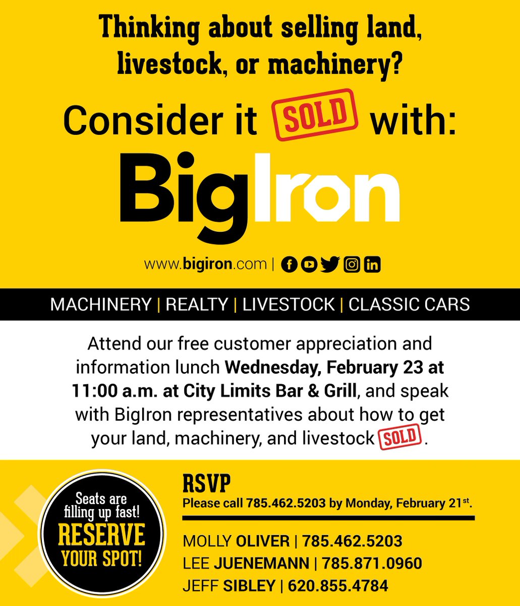 BigIronRealty's tweet photo. Thinking about selling land, livestock, or machinery? If you live in the Colby, KS area please attend our free customer appreciation and information lunch on Feb 23 at the City Limits Bar & Grill. Please RSVP by Monday, February 21st. #BigIron #Auction #RealEstate #ColbyKansas https://t.co/JYskT7iEKF