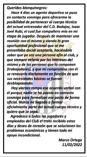 Escribo esta carta para que todos conozcáis de mi mano cuál ha sido mi relación con el <a href="/CDBadajoz/">CD Badajoz</a> . Siento enormemente que este haya sido el final porque estaba muy ilusionado con la oportunidad que se me presentó. Siempre amaré a este Club!!!🖤🤍