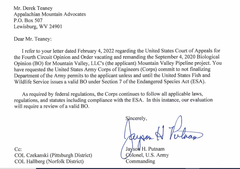 JonSokolow's tweet photo. HUGE BREAKING NEWS!  Army Corps of Engineers announces it WILL NOT review Mountain Valley Pipeline's request to cross hundreds of water bodies in Virginia and West Virginia UNTIL it has a VALID Biological Opinion from the Fish and Wildlife Service. @PBT_Paul @EquitransMid https://t.co/grGil93sI8
