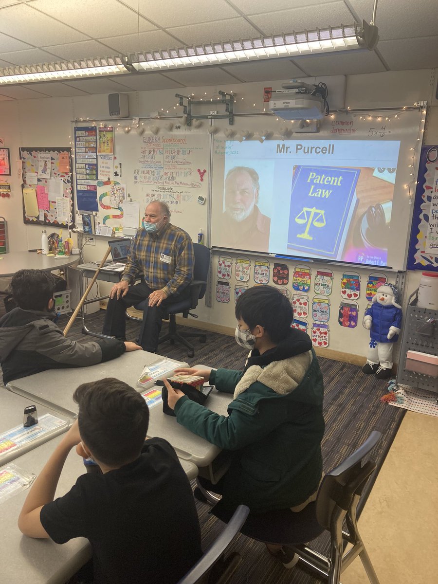 ENLwarriors's tweet photo. Today we had a patent attorney visit 4th grade to learn more about patents and how the process of invention happens. Thank you, Mr. Purcell for your exceptional presentation! #CultivatingCuriosity #ThinkandCreateLikeAnInventor 💡 🧪 🥼 🖊 🧐 💭 @MsErtl11 @dziegler15 https://t.co/PsxftYMQjk