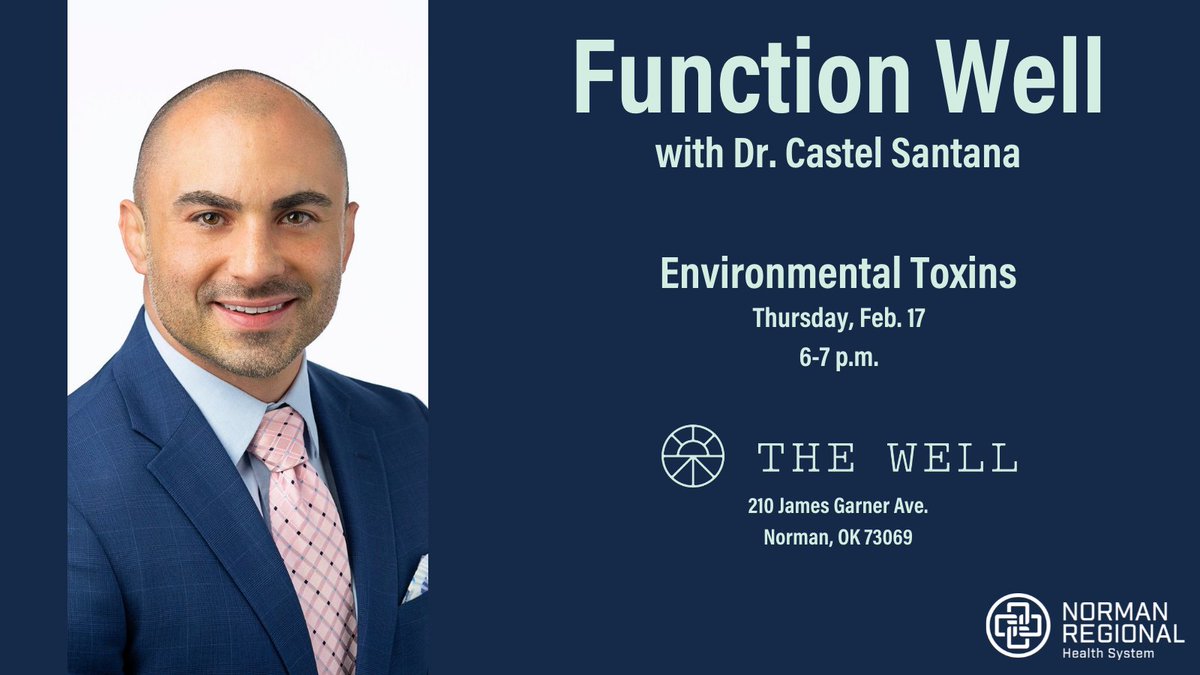 DrEddyClinic's tweet photo. RT @normanregional: Join #functionalmedicine physician Castel Santana, MD, for “Function Well” - a free wellness workshop.

The next #FunctionWell will cover Environmental Toxins: How common toxins may be affecting your health and how to detox your day. … https://t.co/Del78wuPvL