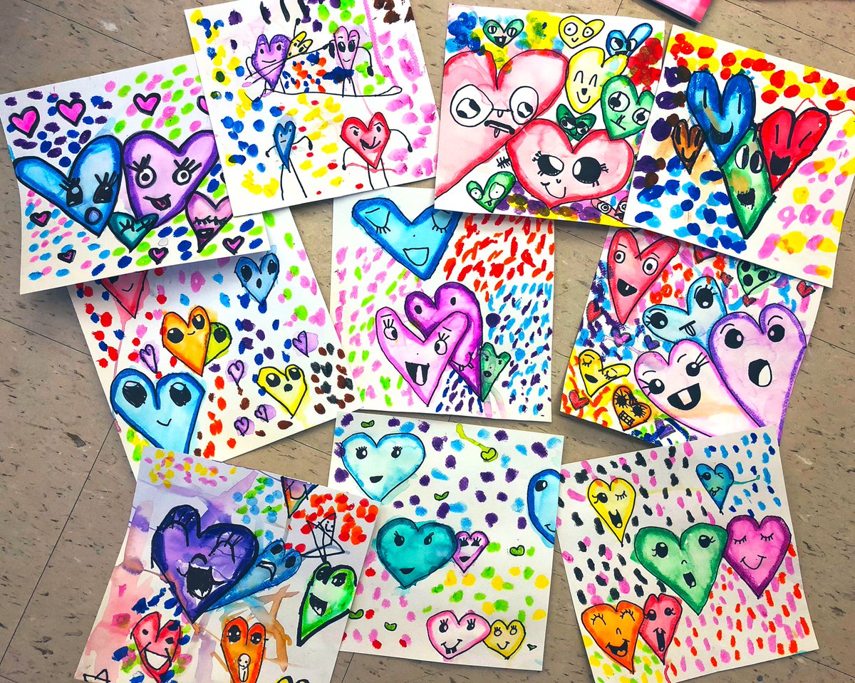 MrsShonasClass's tweet photo. Heart art inspired by street artist/pop artist, #ChrisUphues. Students loved creating their own watercolour paints using markers and water! We learned about COMPOSITION and OVERLAPPING as we planned and drew our happy hearts. @orioleparkjps  @tdsb https://t.co/P3MiEHOqao