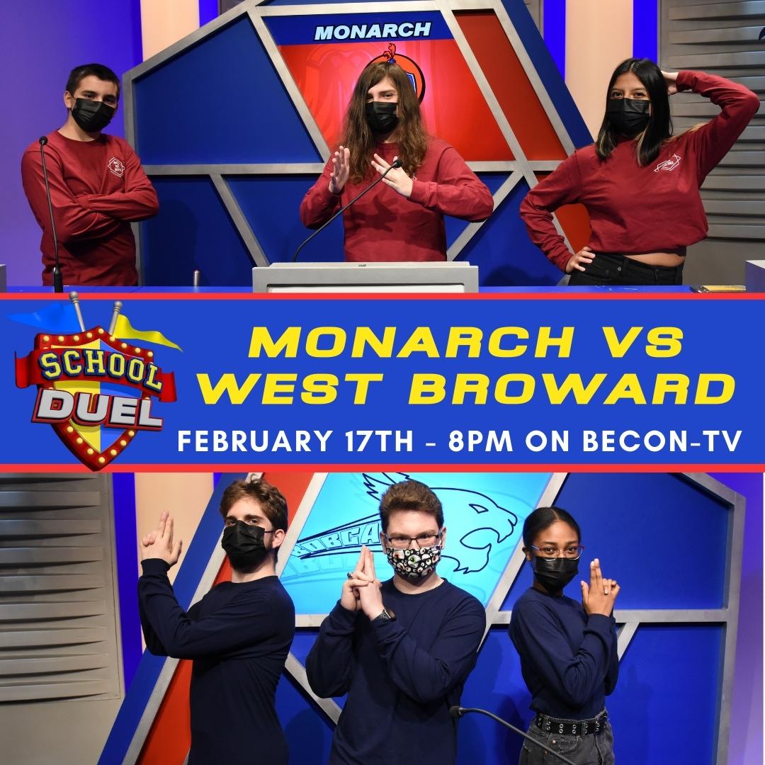 A new School Duel Thursday night! Watch #MonarchHigh vs #WestBrowardHigh, this Thursday Feb, 17th at 8pm on @BECONTV (ch 488 & 19 Comcast, ch63 AT&T/Dish/Directv) @WestBrowardHigh @WBTV_club @Jneer @MHShighlights @browardschools