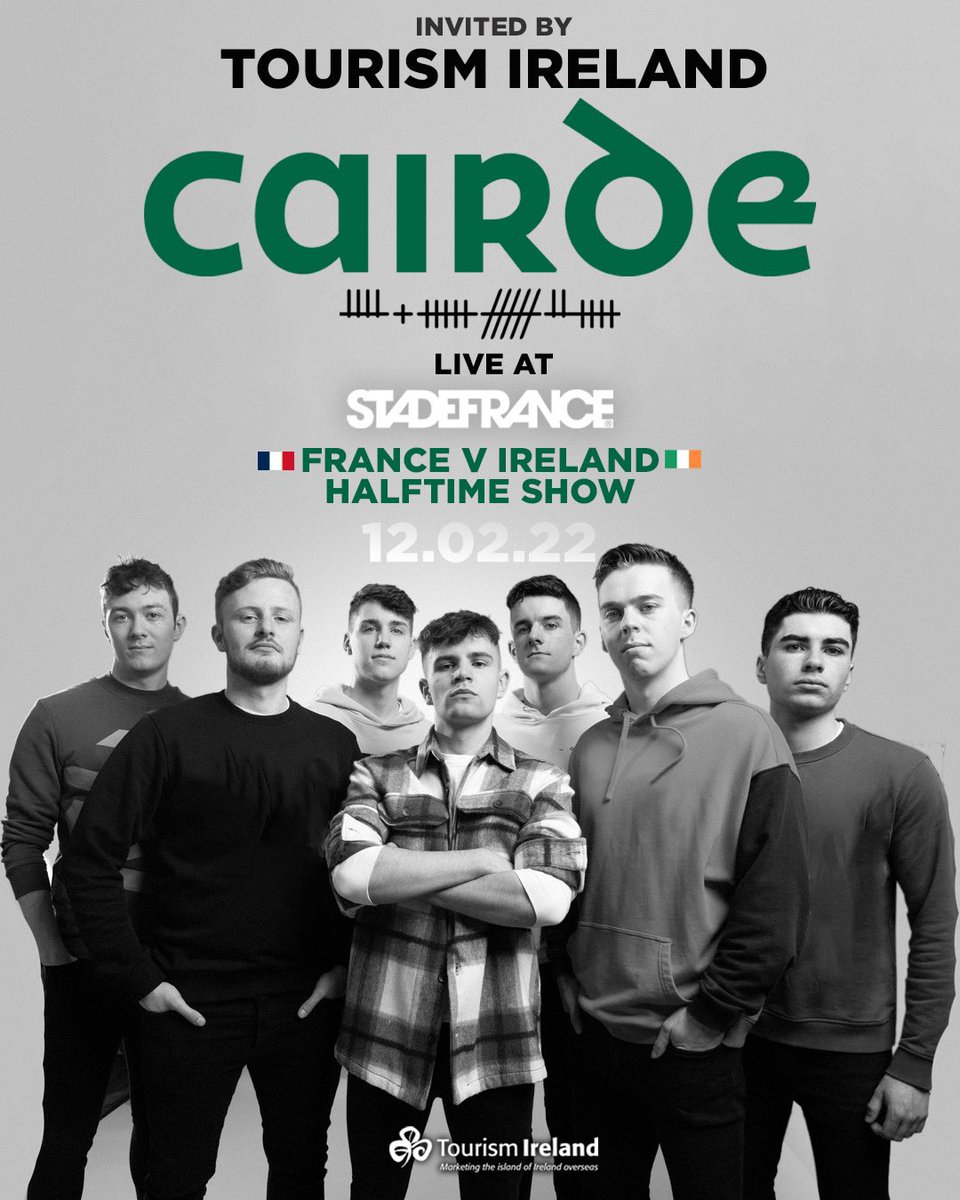 _cairde's tweet photo. We are SO excited to be performing the half time show at the Ireland V France Six Nations game in the Stade de France tomorrow! 🏉 
The audience of over 80,000 will be our biggest yet. 
Let’s do this lads💪🏻
@TourismIreland 
@VacancesIrlande 
@StadeFrance 

ᚉᚐᚔᚏᚇᚓ 

#Cairde https://t.co/zxuEZLKmnX