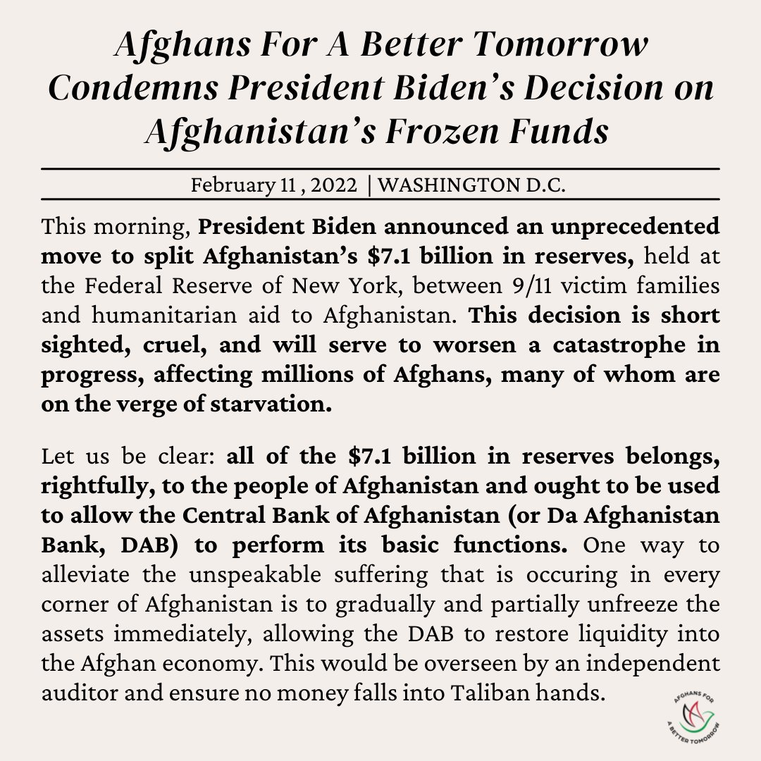 AfghansTomorrow's tweet image. We are outraged.

President Biden&apos;s decision to set aside half of Afghanistan&apos;s frozen reserves to 9/11 families is short-sighted, cruel, and will worsen a catastrophe in progress, affecting millions of Afghans, many of whom are on the verge of starvation. 

Our statement: