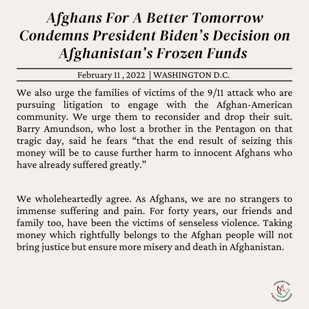 AfghansTomorrow's tweet image. We are outraged.

President Biden&apos;s decision to set aside half of Afghanistan&apos;s frozen reserves to 9/11 families is short-sighted, cruel, and will worsen a catastrophe in progress, affecting millions of Afghans, many of whom are on the verge of starvation. 

Our statement: