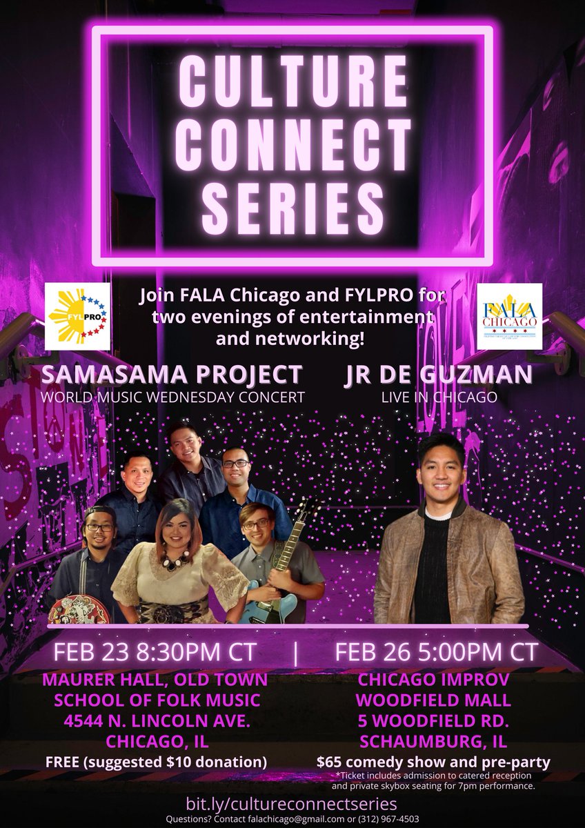 FALA Chicago &amp; <a href="/FylproMabuhay/">FYLPRO</a> are teaming up for the Culture Connect Series: <a href="/SamaSamaProject/">SamaSama Project</a> at <a href="/oldtownschool/">Old Town School</a> 2/23 (free concert), <a href="/jrdeguzm/">JR De Guzman</a> at 
<a href="/ChicagoImprov/">Chicago Improv</a> 2/26 (comedy show + pre-party) 🎸🎤 Limited capacity! Tix going fast, get yours now at bit.ly/cultureconnect…