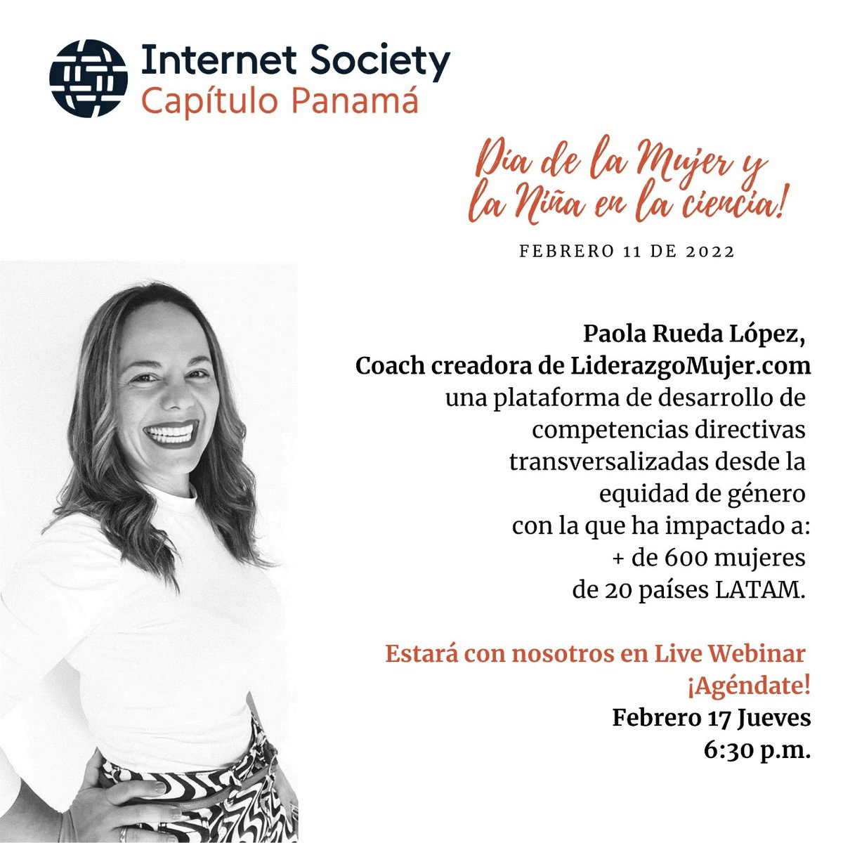 En el día de la Mujer y la niña  en la ciencia, te invitamos para el próximo jueves 17 de febrero por nuestro Facebook y YouTube al webinar con <a href="/paolaruedalopez/">Paola Rueda Lopez ®️</a> te esperamos.

youtube.com/watch?v=Gv4BqX…

#ISOC #WomenInScience #WomeninScienceDay #WomenInSTEM