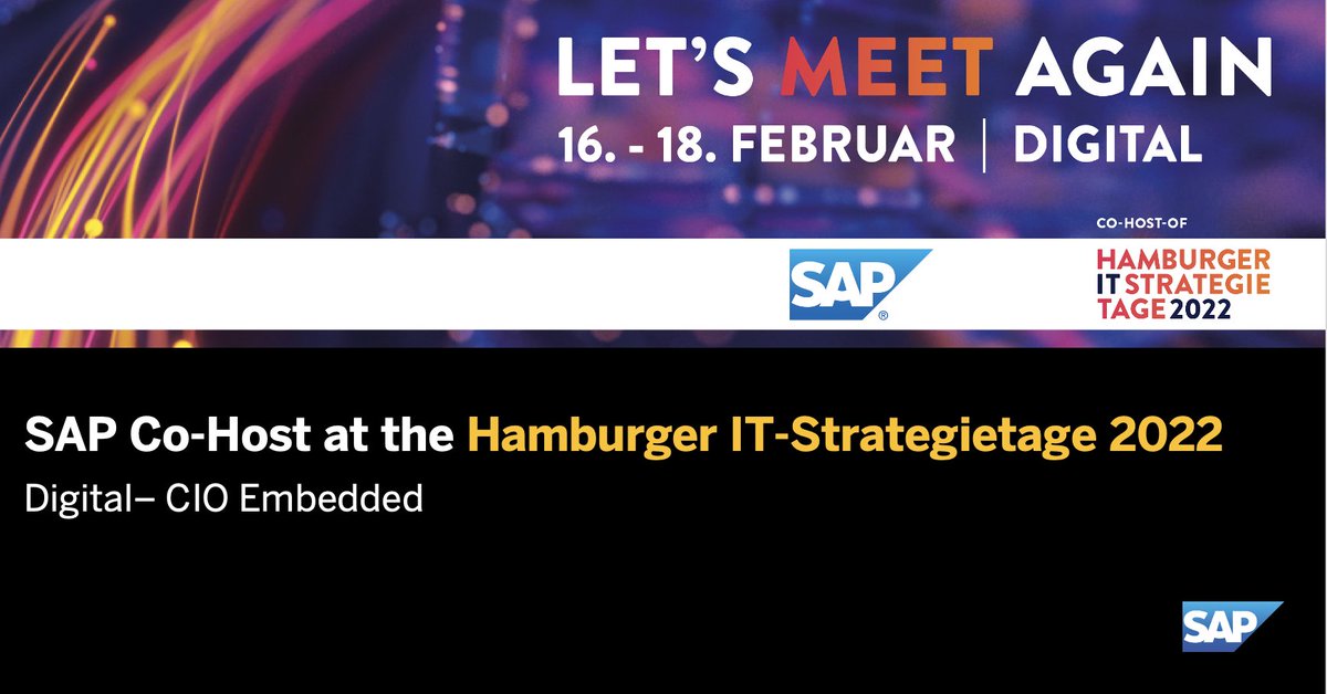 The #ithh Hamburger IT-Strategietage 2022 are taking place again from February 16-18, 2022.  I am very excited to be co-hosting the event, representing #SAP as one of two main sponsors. Register today at anmeldung-it-strategietage.de/registration

I hope to see you there!