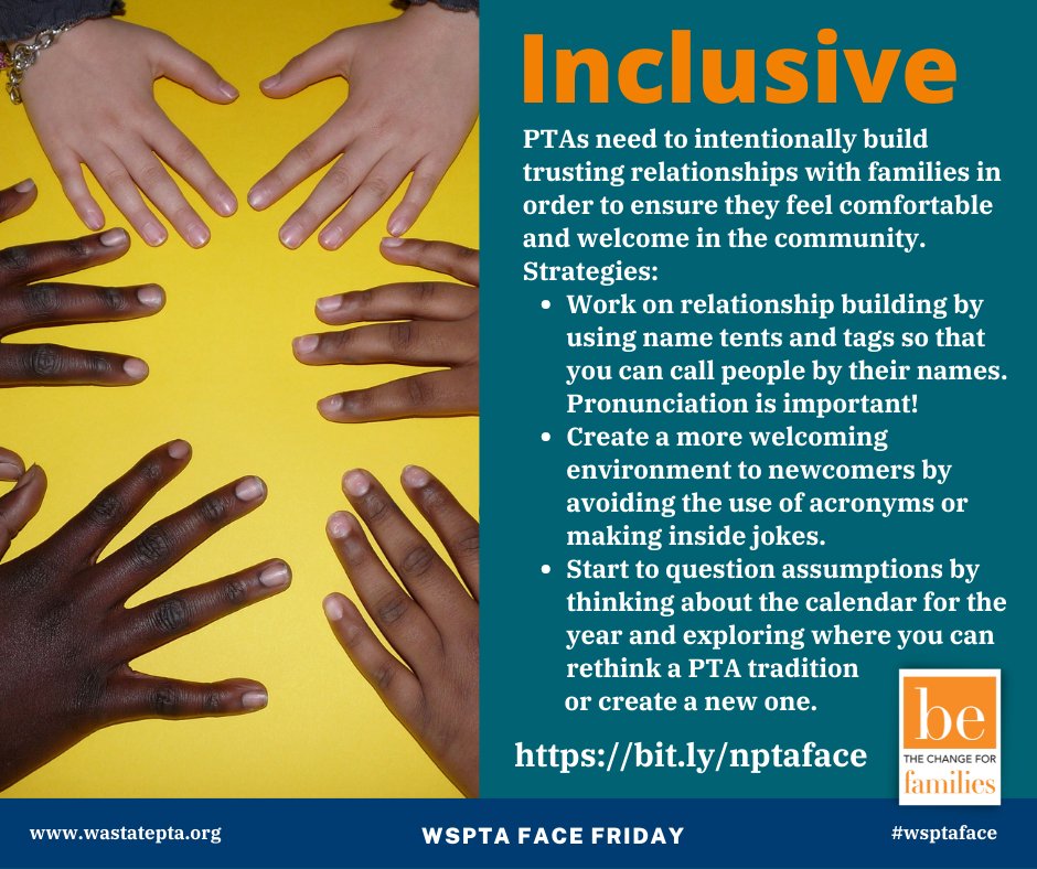 WashingtonPTA's tweet photo. National PTA has worked with the Center for Family Engagement to create a framework to describe engagement through "The Four I's": Inclusive, Individualized, Integrated, and Impactful.  Read more at https://t.co/s8rB3FpPaO. https://t.co/j1tr24qtGu