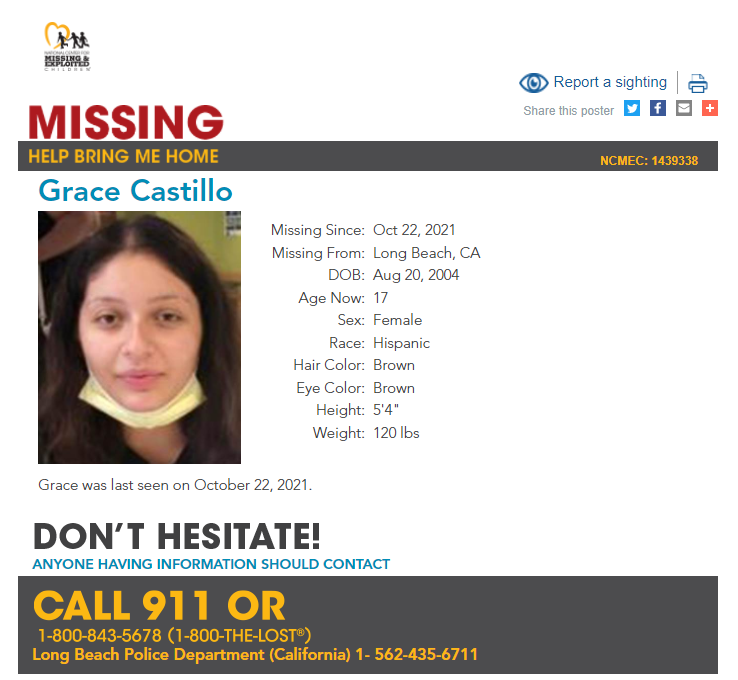 NCMEC's tweet photo. #MISSING!
Grace was last seen on October 22, 2021 in Long Beach, #California.
https://t.co/j2eQyk5XZv https://t.co/9sAASnX813