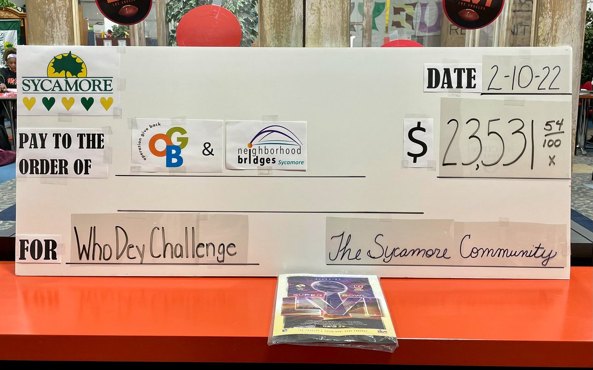 BridgesSycamore's tweet photo. We are simply overwhelmed by the generosity of our community! Thank you to @SycamoreSchools and our amazing families for exceeding our goal in the #WhoDeyChallenge https://t.co/joSmfRfuM1