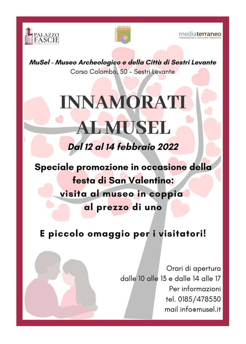 COM_SESTRILEV's tweet photo. 𝐈𝐧𝐧𝐚𝐦𝐨𝐫𝐚𝐭𝐢 𝐚𝐥 𝐌𝐮𝐒𝐞𝐥 ❤❤❤
Un fine settimana dedicato all'amore! 
Se venite in coppia, potete entrare al costo di un solo biglietto e in più riceverete un piccolo omaggio a ricordo della vostra visita: vi aspettiamo! 

#tigullio2024 https://t.co/IVHArnWd5z