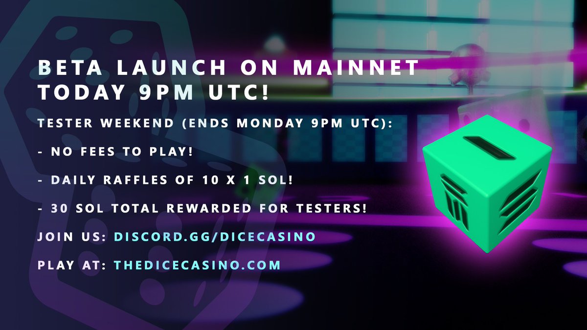 Our esteemed partners begin their beta launch TODAY, 9pm UTC. TheDiceCasino.com

To celebrate, we are giving away one Casino Dice (currently worth 9 SOL).

-Like/RT
-FollowDiceCasino: @TheDiceCasino 
-Join Dice Casino discord: discord.gg/dicecasino