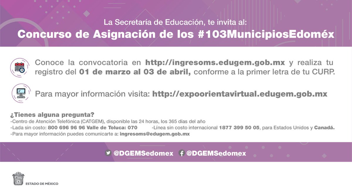 Edomex_TBC's tweet photo. Los estudiantes de primer ingreso a Medias Superior  ya pueden informarse con la convocatoria del Concurso de Asignación de los #103Municipios, ingresa en https://t.co/CpHrWTPK41 https://t.co/rQSJkTA77L