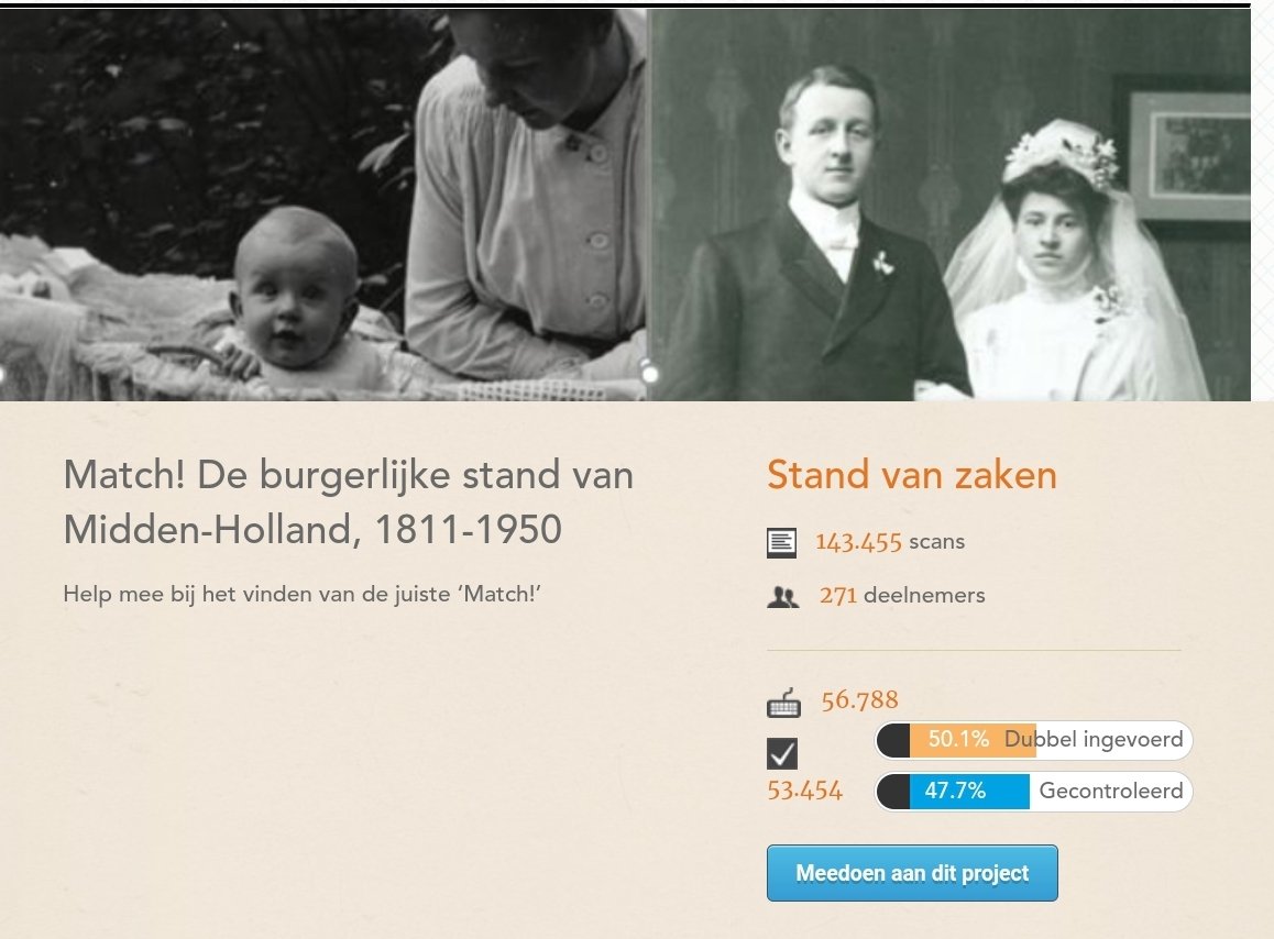 Ons project ‘Match! De burgerlijke stand van Midden-Holland, 1811-1950’ heeft de mijlpaal van 50% bereikt op het platform <a href="/VeleHanden/">VeleHanden</a>. Bijna 57.000 scans van de aktes van de burgerlijke stand zijn gekoppeld aan reeds bestaande indexen. En dat in nog geen twee maanden tijd!