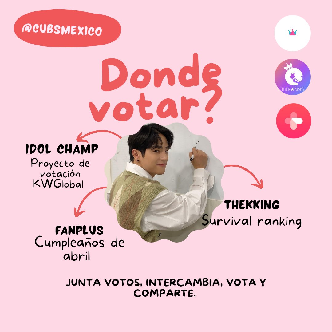 CubsMexico's tweet photo. 📢Añadimos un nuevo proyecto de votación!

Ahora tenemos Idol Champ en nuestras metas.
➡️PROYECTO EN IDOL CHAMP⬅️ https://t.co/6ykERKsQAm

➡️THEKKING SURVIVAL RANKING

➡️FANPLUS BIRTHDAY 🎂
#KIMWOOJIN #WOOJIN #cubsmexico #KIMWOOJINMÉXICO https://t.co/mUfm3gkXSh
