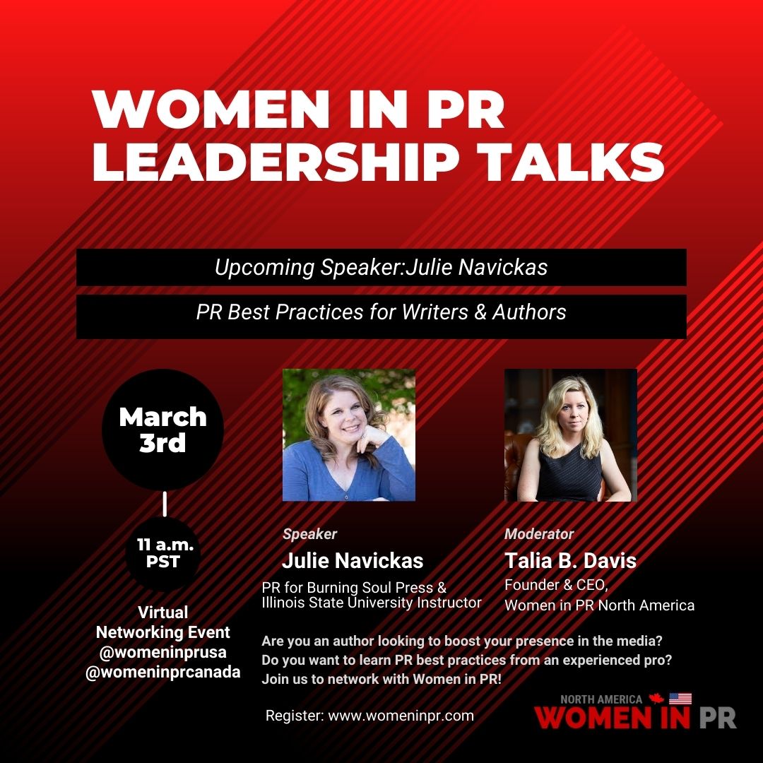 WomeninPRcanada's tweet photo. Join  @JulieNavickas  March 3rd at 11:00 a.m. PST online for our #WomeninPR Leadership Talks! @burningsoulpress @InkspellPublishing @ISUSOC

https://t.co/1buaOcOOMX

#PRTalks #LeadershipTalks #LeadershipTraining #PRTraining #CollectiveClub #PREvents #BossBabe #PublicRelations https://t.co/XRhquw1Rm9
