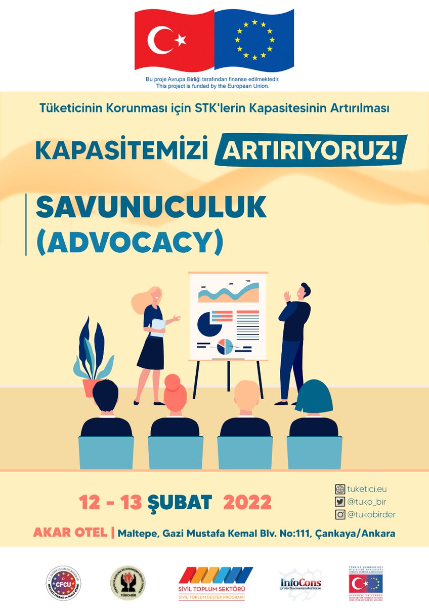 Savunuculuk Eğitimi ile araştırma yöntem ve teknikleri yoluyla elde edilen doğru ve geçerli bilgi ve verilerin savunuculuk sürecinde nasıl kullanılacağı üzerinde durulacak ve kapasite artırma hedefleri gerçekleştirilecektir.
<a href="/ABBaskanligi/">T.C. Dışişleri Bakanlığı Avrupa Birliği Başkanlığı</a> 
@cfcuturkey 
<a href="/sivilsektor/">Sivil Toplum Sektörü</a>