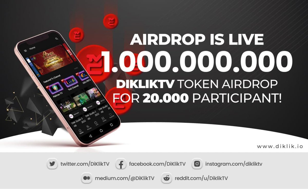 DiKlikTV Airdrop

The rewards: 1,000,000,000 ($1,000,000) $DiKlik
For completing all tasks: 10,000 ($10) $DiKlik
Referral: 5000 ($5) $DiKlik

Airdrop Link: t.me/DiKlikTVBot

Airdrop ends 12 March. Distribution of the award on 20 March

#LegitCommunity #Airdrop #DiKlikTV