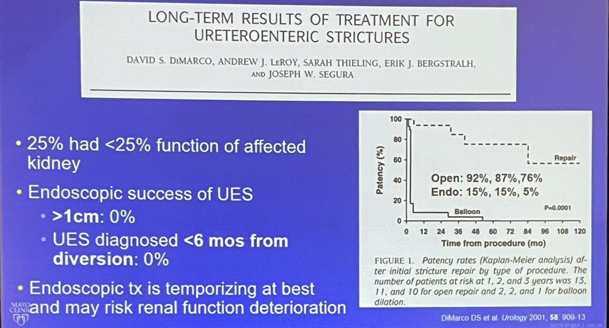 Ureteroenteric strictures: no role for endoscopic treatment (0% resolution) in strictures >1 cm or diagnosed in the first 6 months after surgery #MayoUroHawaii22