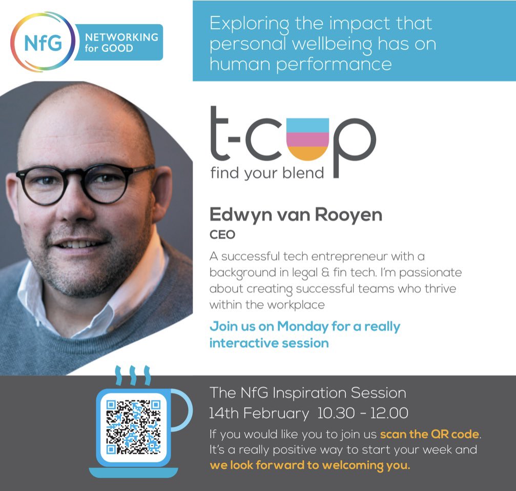 TheNfG2020's tweet image. Announcing our next Inspire Talk 14th Feb talking about personal well-being  will be @EdvanRooyen. To attend👉Sign-up to membership lnkd.in/d5jAhB5 OR👉Try a day pass: lnkd.in/dTNh3wd
#networkingforgood