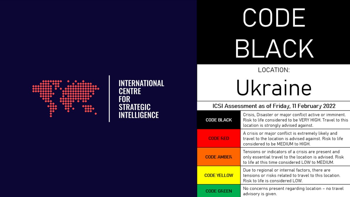 ICSI_OSINT's tweet photo. TRAVEL ADVISORY: #Ukraine 
In light of multiple countries ordering their citizens to evacuate Ukraine immediately, and the announcement tonight that US intel believes Russia will invade in the coming week, we are now moving to our highest alert level: Code Black, for Ukraine. https://t.co/UrgB5i4CUP