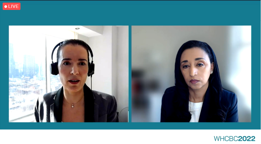 whartonhcc's tweet photo. Happening now! #WHCBC2022 Keynote speaker @aida_habtezion, Chief Medical Officer and Head of Worldwide Medical &amp; Safety at @pfizer, discusses the COVID-19 pandemic and vaccine development with @artiospharma's @DimitrovaTania! https://t.co/MlXbhgBhGv