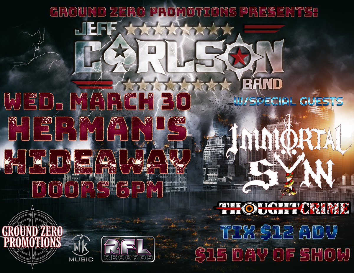 JUST ANNOUNCED!!

Vegas rock band <a href="/JeffCarlsonBand/">Jeff Carlson Band</a> is coming to <a href="/HermansHideaway/">HermansHideaway</a> in Colorado! Ground Zero Family’s own <a href="/ImmortalSynnCO/">Immortal Sÿnn 🐍 Denver Metal</a> &amp; <a href="/THOUGHTCRIME420/">THOUGHTCRIME</a> will be opening the night!

GET YOUR TICKETS NOW

eventbrite.com/e/gzp-presents…

#ONSALENOW #livemusic #Denver #hermanshideaway