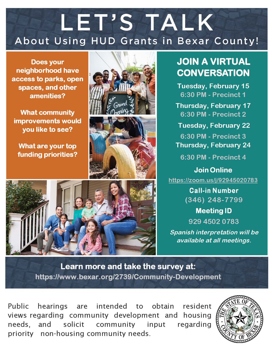 BexarCounty's tweet photo. Your input is important! Discuss your community development needs and help define funding priorities for Bexar County's federal Housing and Urban Development entitlement funds. The following information will allow you to connect with us virtually. #BexarCounty https://t.co/bbqF1DK0Cc