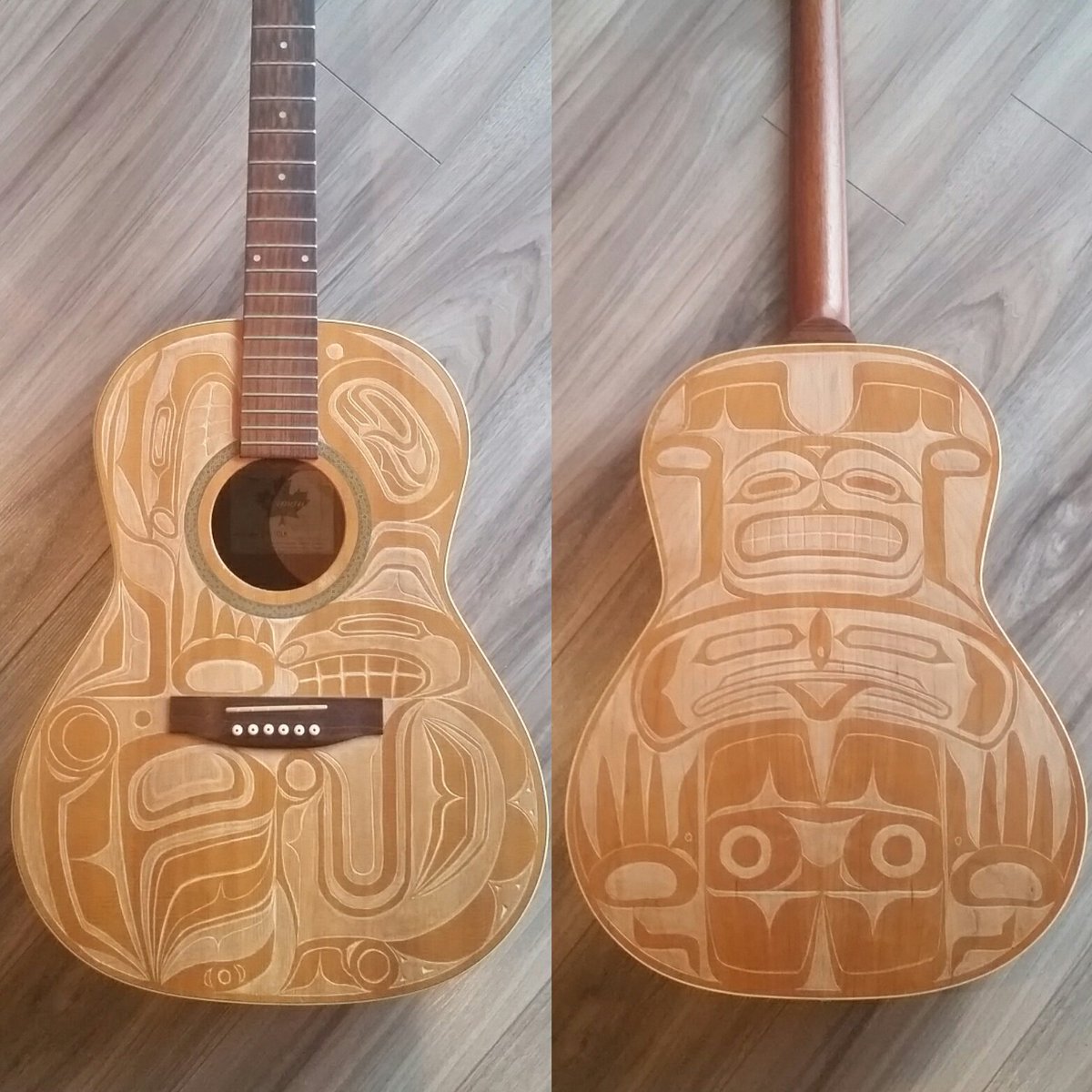 DOC604's tweet photo. #Carving project update : all the carving is COMPLETE! (finishing is up next) but I thought I'd show the front & the back as well as comparing them both to the original sketches. #NativeDesign #FirstNations #traditionalart #Formline #acoustic #guitar #guitarART #davidcappermusic https://t.co/SUr2cQdWag