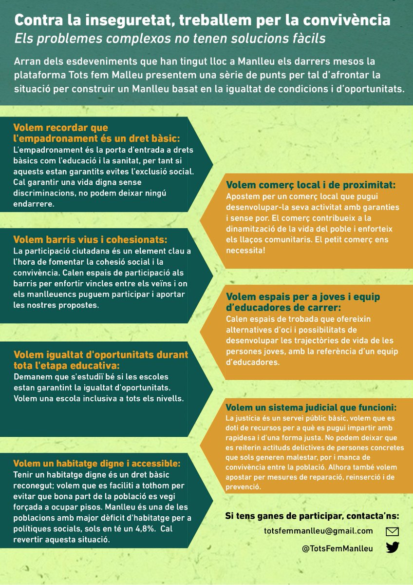 Contra la inseguretat, treballem per la convivència.
Des de Tots Fem Manlleu hem editat aquests pamflets. En breu seran distribuïts per #Manlleu! 👇👇🏼👇🏾