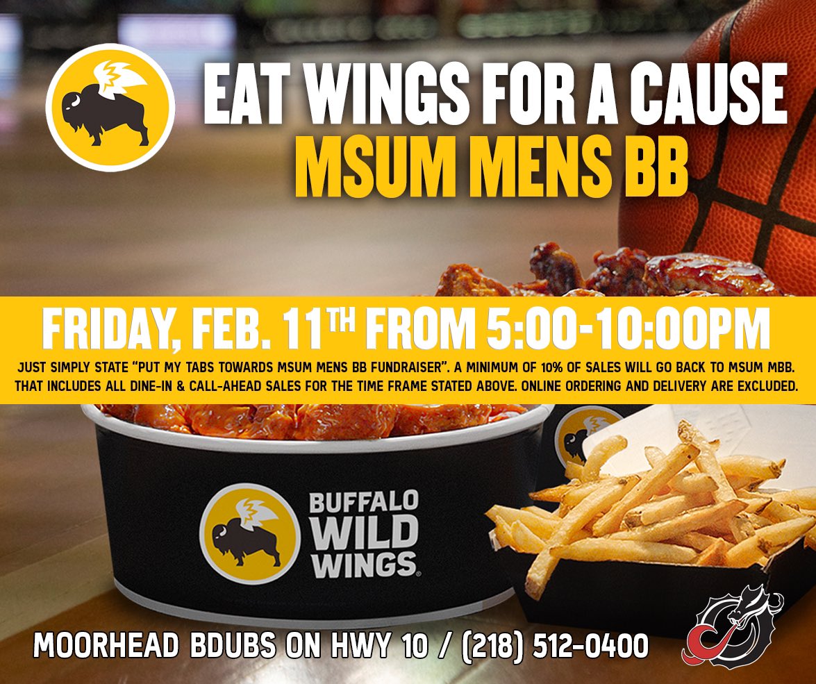 MSUM_MBB's tweet image. Game postponed tonight 🙁👎

Buffalo Wild Wings is still open 😀👍

Get in from 5:00 - 10:00 tonight and show this flyer when paying your bill

10% of it will go to the program!!
#DragonFam 🔥🐉