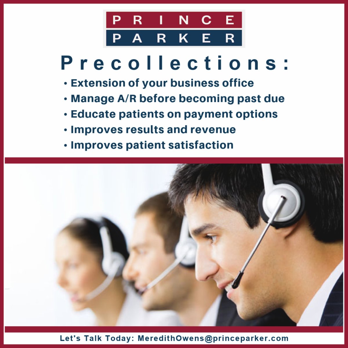 PrinceParkerMed's tweet photo. Improving the value of our client’s A/R while reducing the cost to collect. 
Debt Collection, Precollections, &amp; A/R Management. #doctor #hospital #debtcollection #callcenter #charlotte #mgma #jacksonvillefl #skiptracing #medicine #healthcare https://t.co/SAQGRDg0np