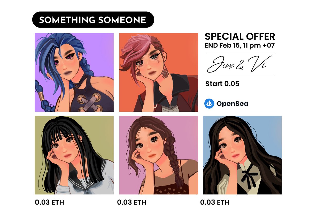 Hello #NFTCommunity #nftcollectors
🚨 Collection : Something Someone
👉🏻  #001-#003 Price 0.03 ETH 
👉🏻  opensea.io/collection/som…
.
Special Drop Jinx &amp; Vi
Start Offer 0.05 ETH 
END Feb 15, 11:00pm +07 
.
#nft #nftart #NFTs #NFTcollectibles #opensea  #NFTTHAILAN
